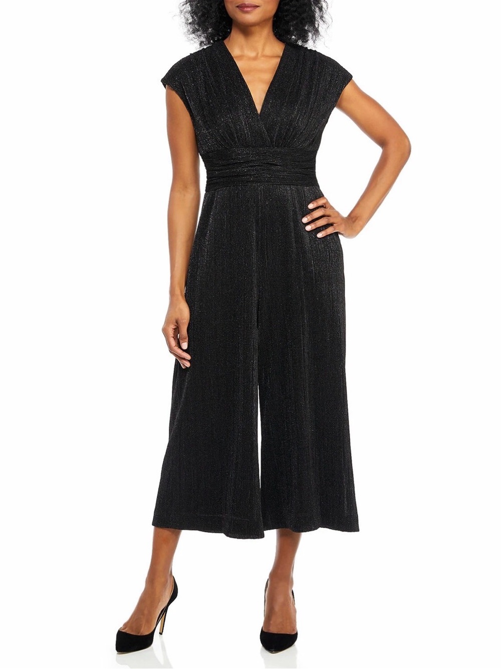 NWT Maggy London Black Metallic Pleated Wide Leg Jumpsuit Size 8